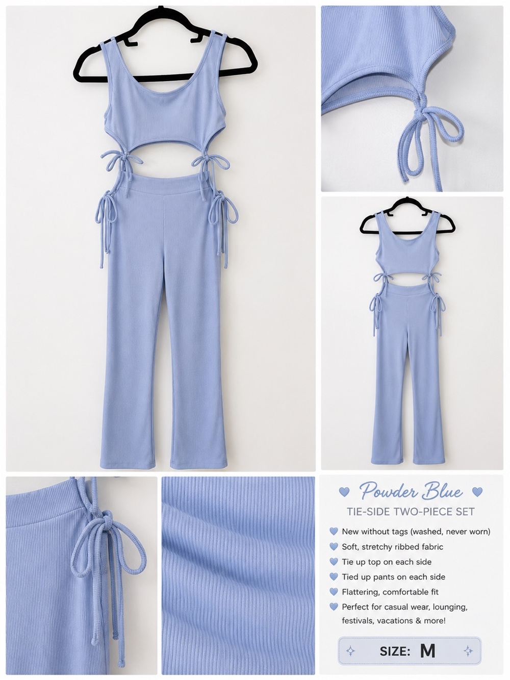 Forever 21 Powder Blue Ribbed Tie-Side Wide Leg Set